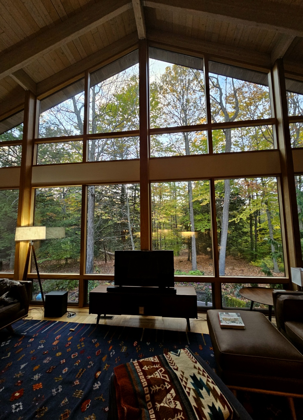 On est dans une maison qui fait chalet avec une mega baie vitrée sur la forêt