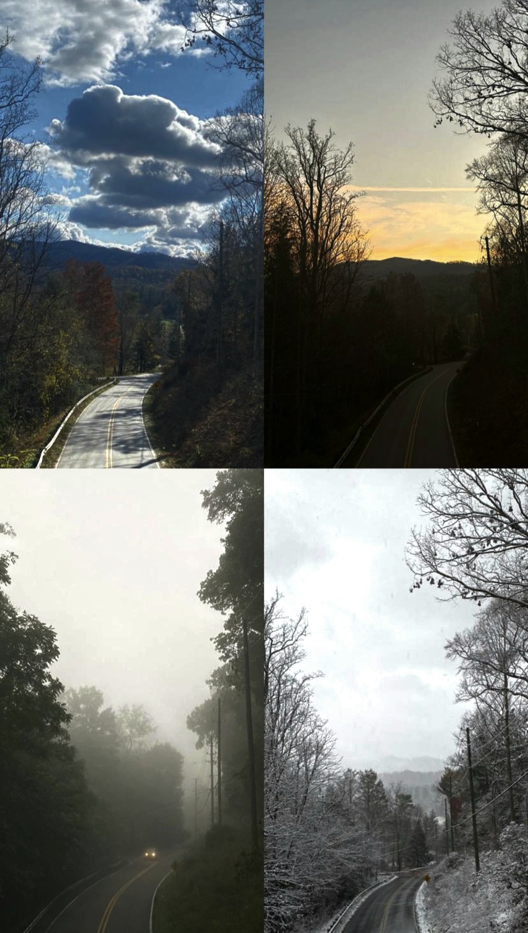 4 photos depuis un pont sur une route vers la montagne et la foret sur les côtés; En haut à gauche le ciel bleu, en haut à droite le coucher de soleil, en bas à gauche le brouillard, en bas à droite la neige.
