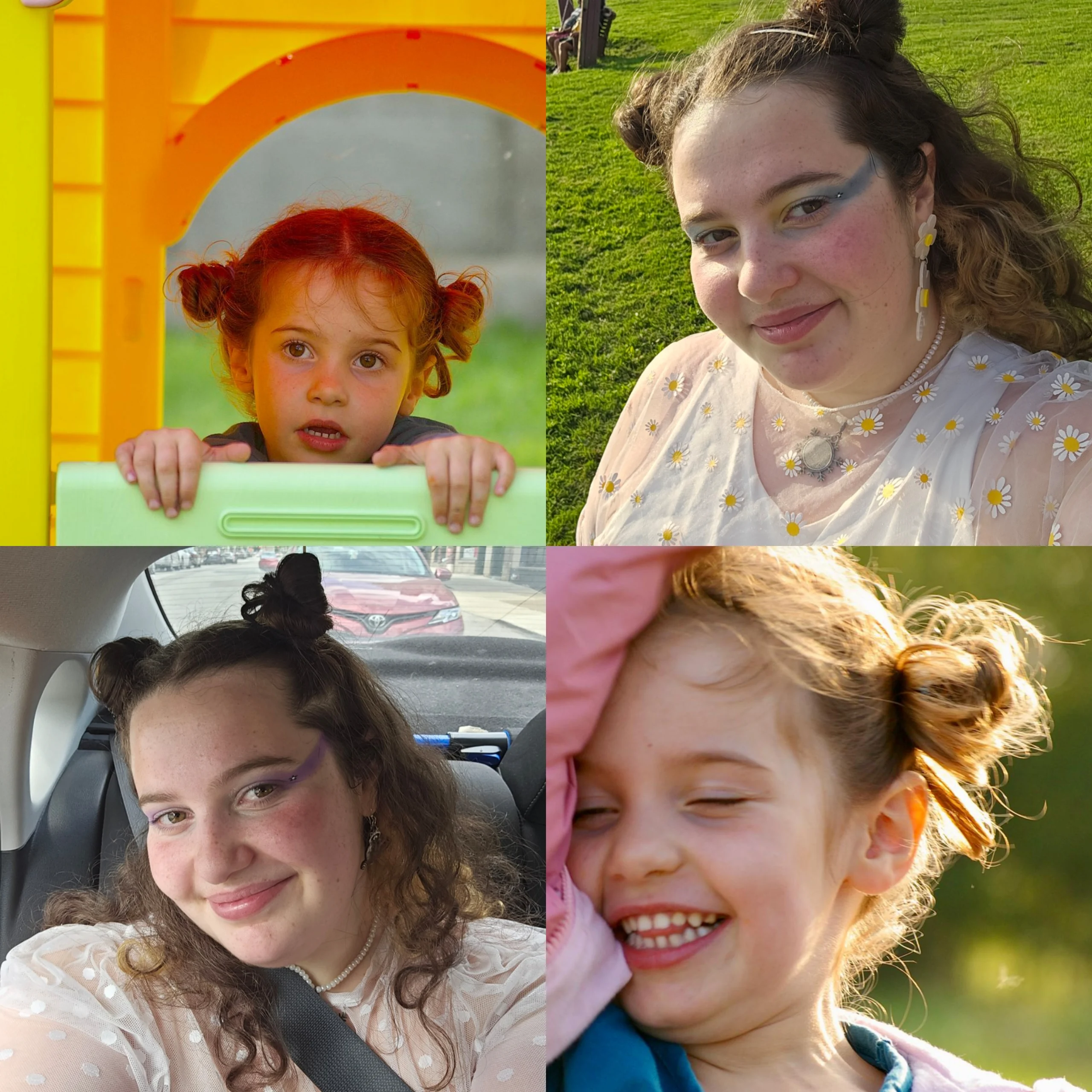 4 photos de moi, 2 recentes, 2 enfant, toujours avec des space buns